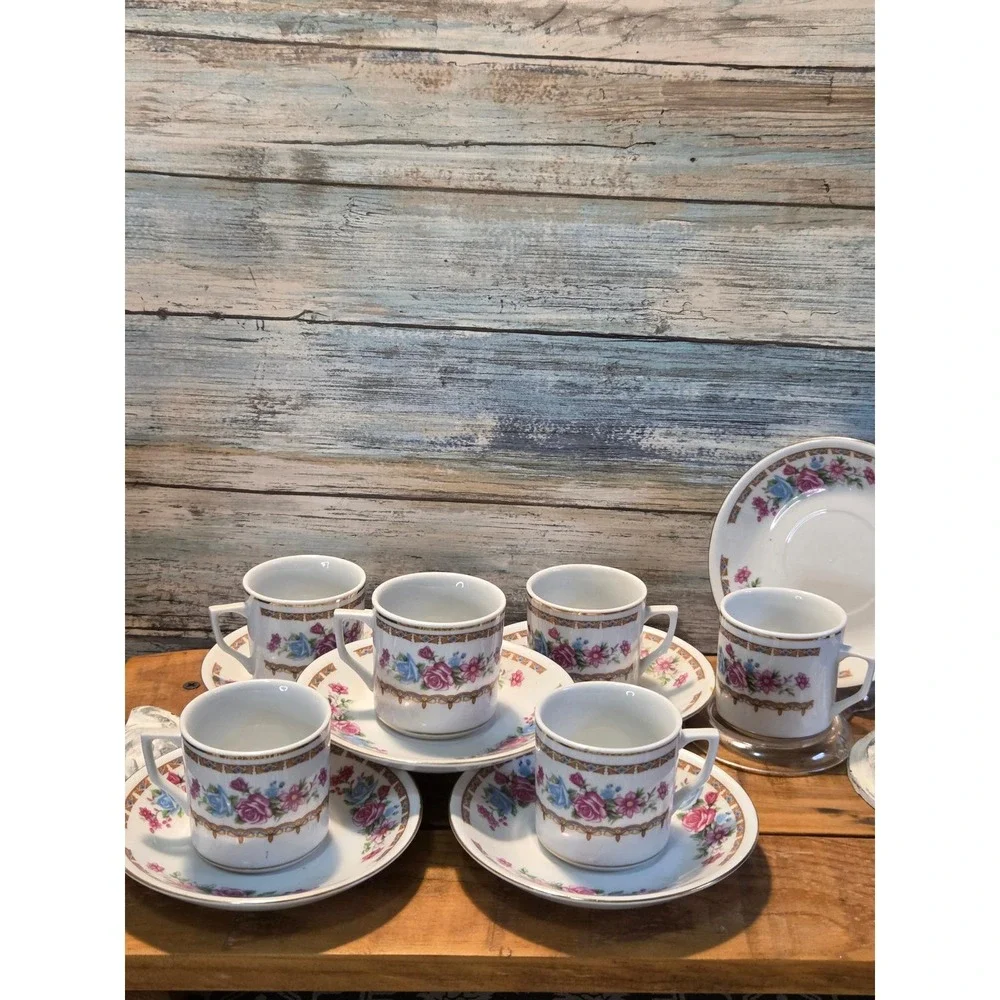 Vintage Floral Tea Cups and Saucers Set of 6‎ Porcelain Espresso Coffee Date